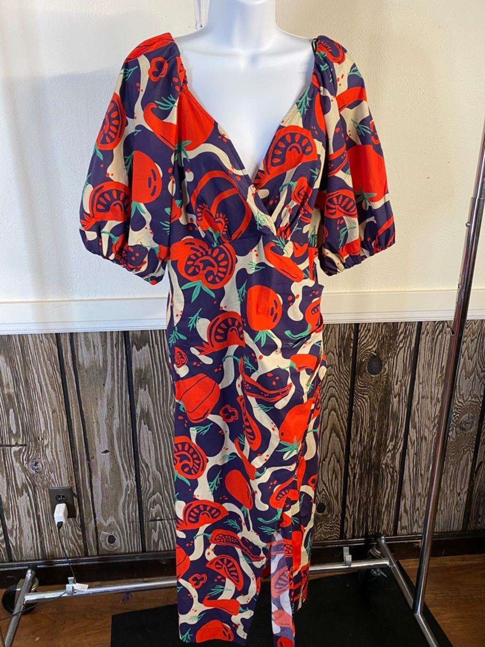 MELLODAY Red & Navy Tomato Pepper  Print Midi Dress